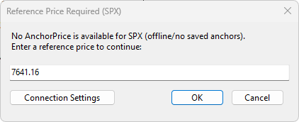 Reference Price Required dialog, manual anchor price entry